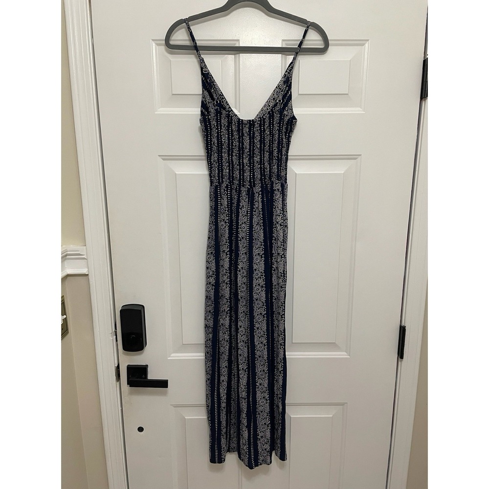 Angie Women's Printed Twist Front Keyhole Maxi Dress Navy Blue/White Size L Boho - Picture 2 of 3